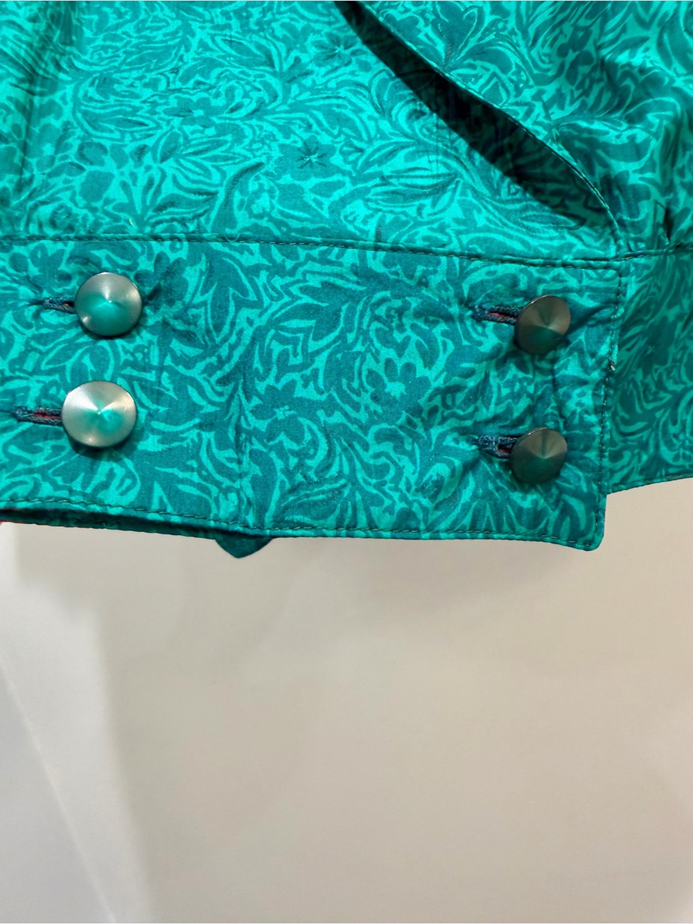 Vintage 80s Platinum by Dorothy Schoelen 100% Silk Teal Jacquard Crop Jacket S - Picture 7 of 14